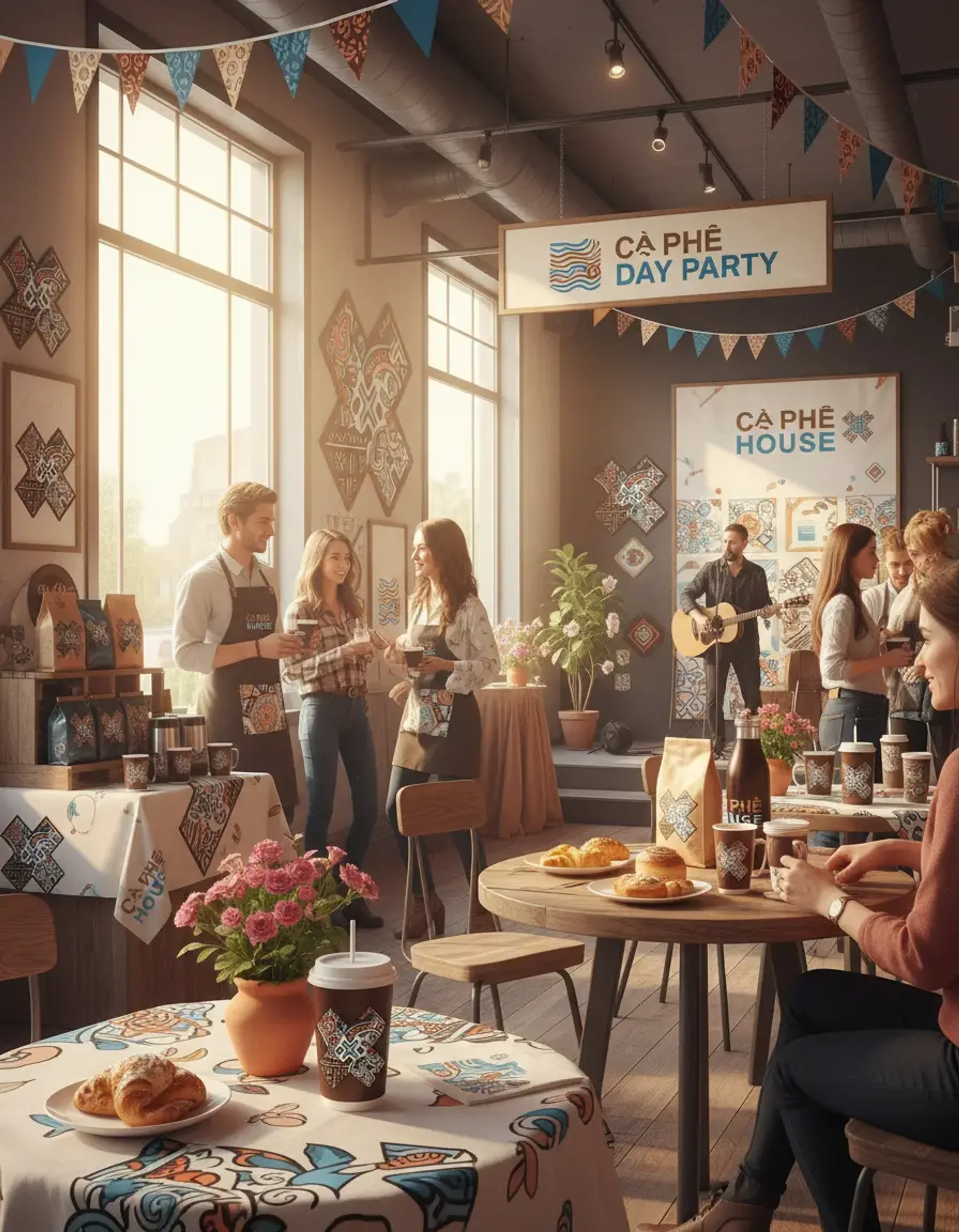 Cà Phê X House daytime party — people gathered over Vietnamese coffee